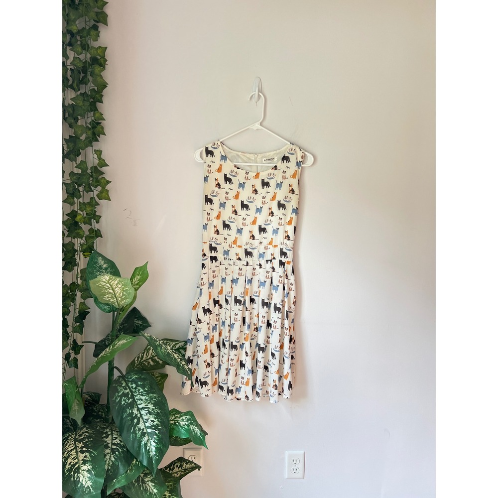 CAT PRINT L.A. Soul Fit and Flare Dress Cream Sleeveless Pleated Skirt Large - Picture 2 of 8